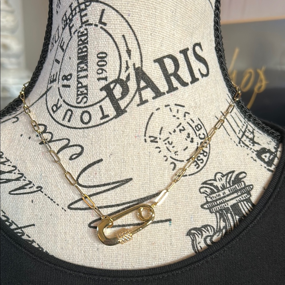 Gold Paperclip and Faux Diamond Chain Necklace